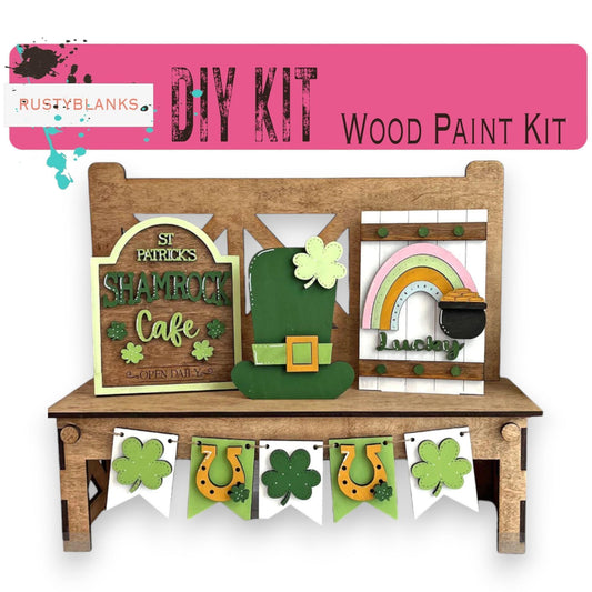 a wooden bench with a st patrick's day decoration