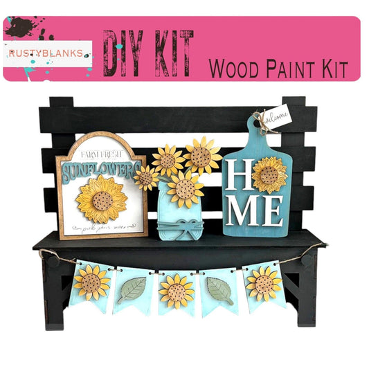 a wooden painted bench with sunflowers on it