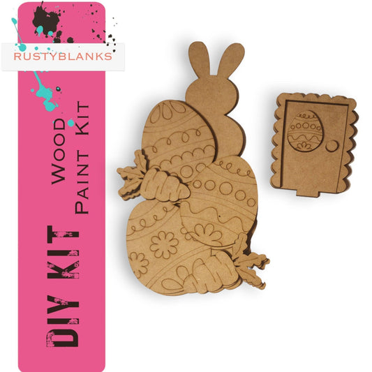 a wooden cutout of a rabbit and a door