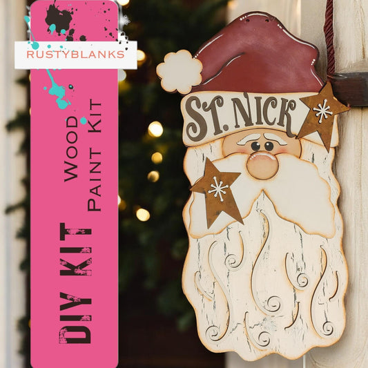 a wooden sign with a santa clause on it