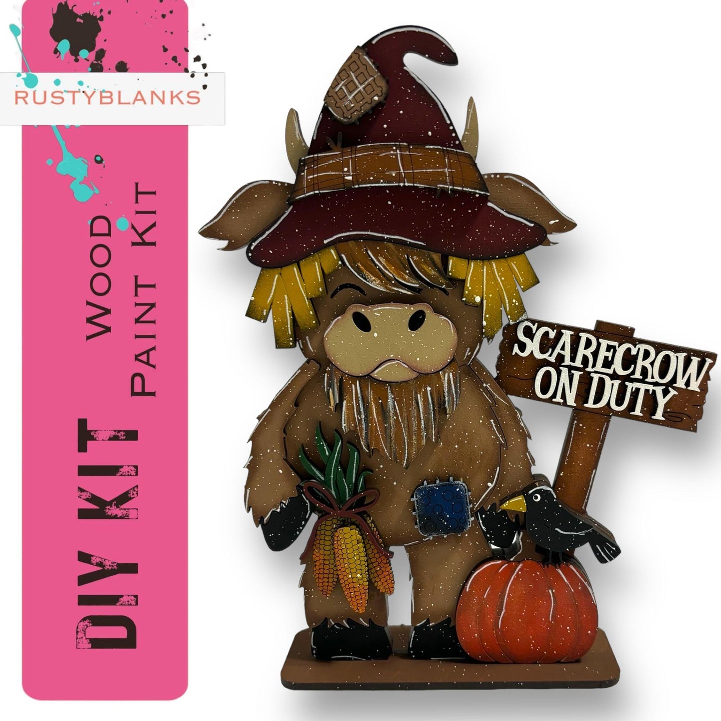 a wooden sign with a scarecrow on duty on it