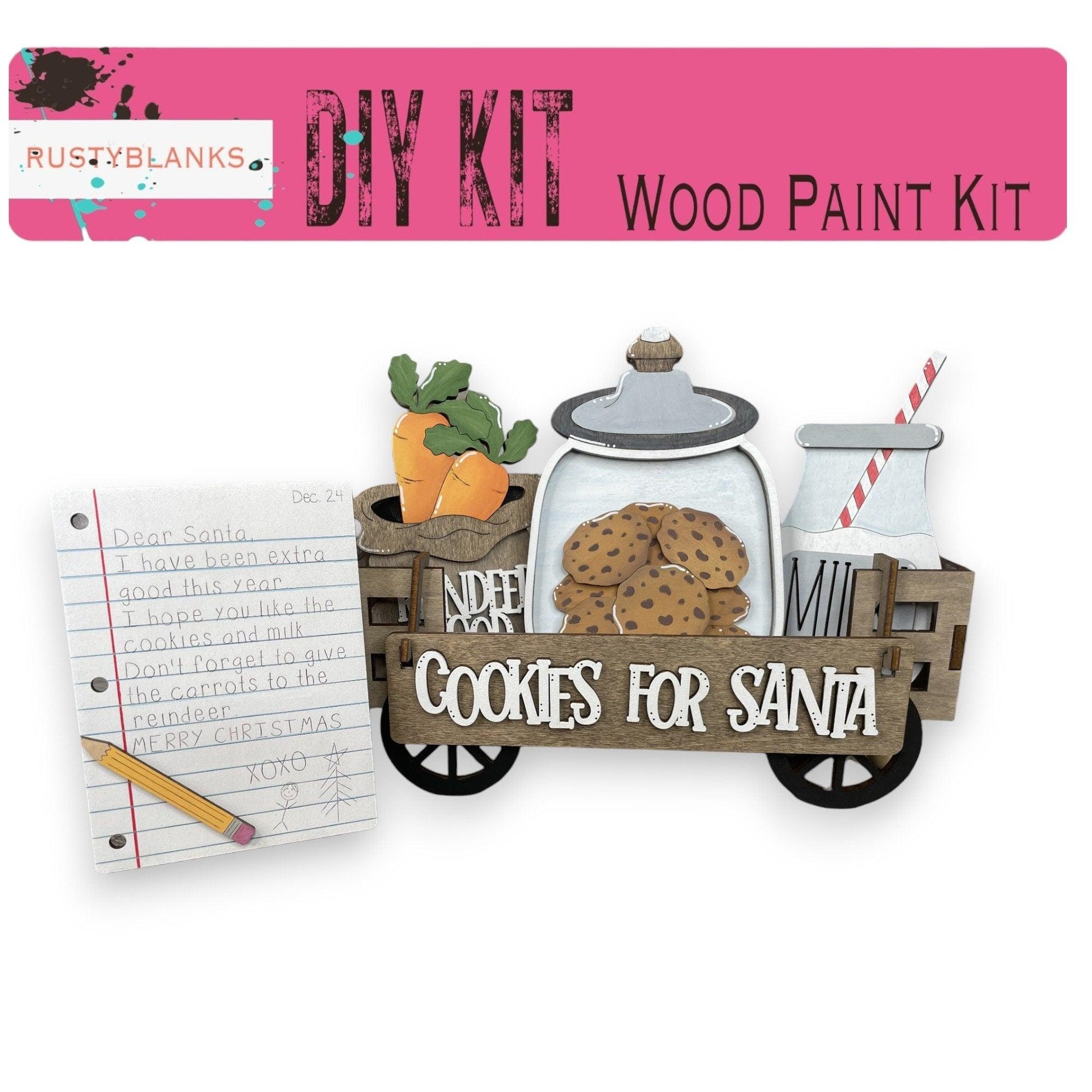 a picture of a sign that says diy kit wood paint kit cookies for santa