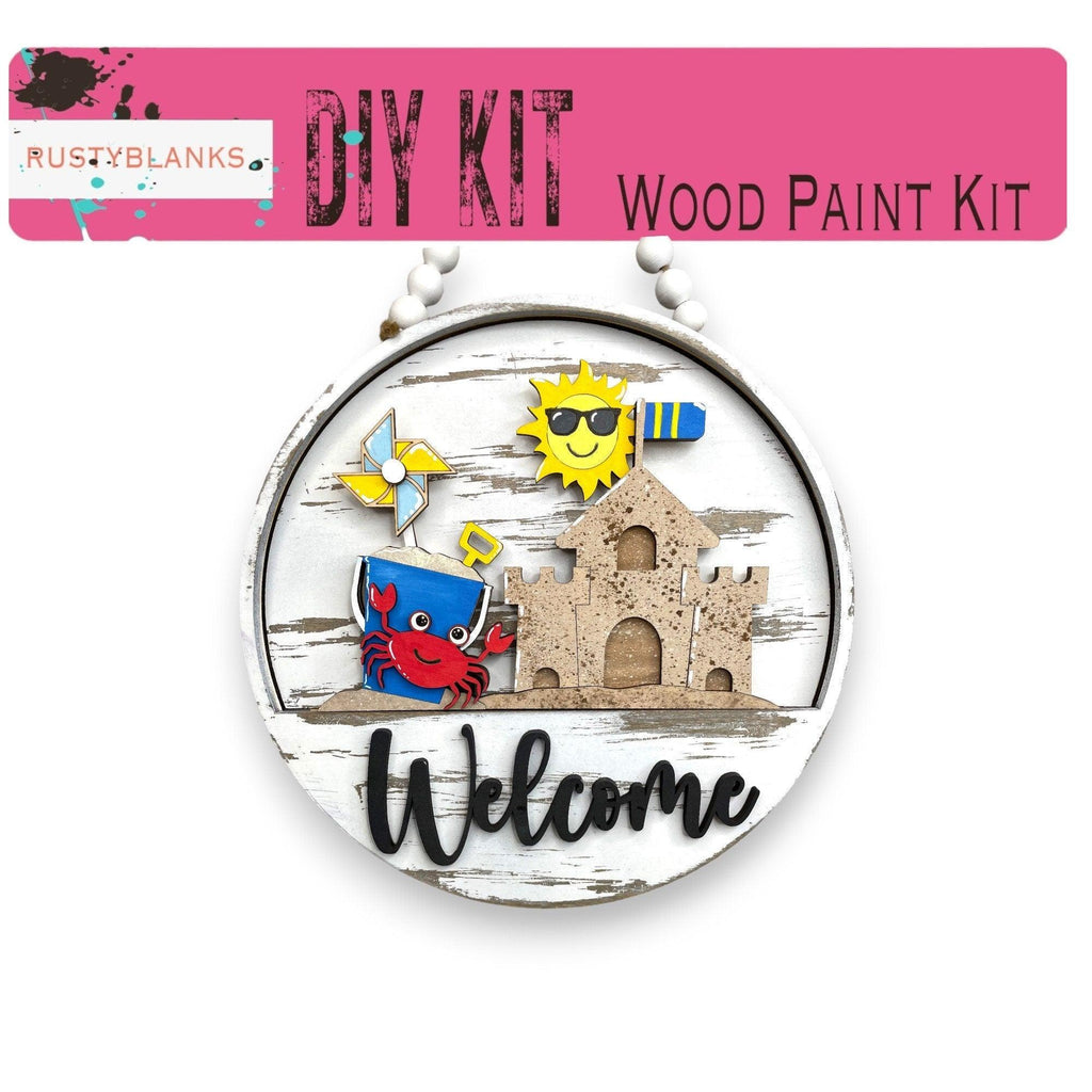 a wooden sign with a picture of a beach scene on it