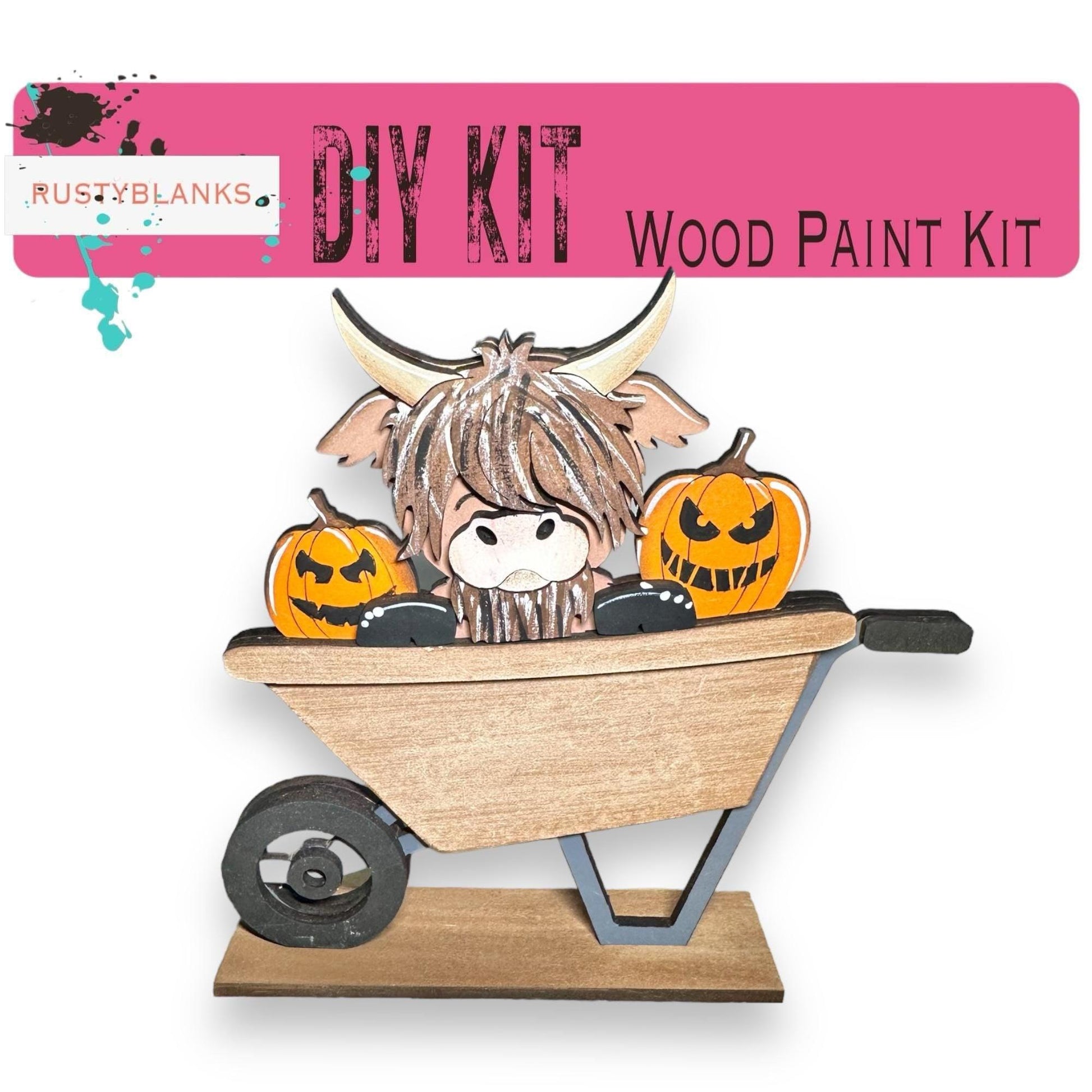 a wooden craft kit with a cow in a wheelbarrow