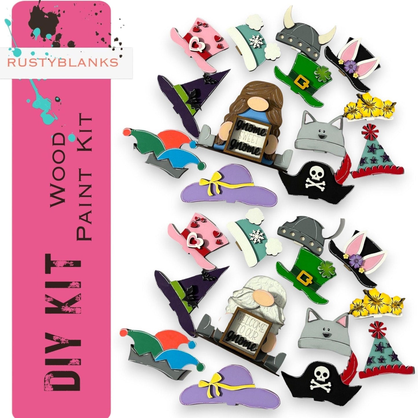 Gnome Couple Animal Hats with 13 Interchangeable Seasonal Hats, Insert and tile holder, Season DIY Decor