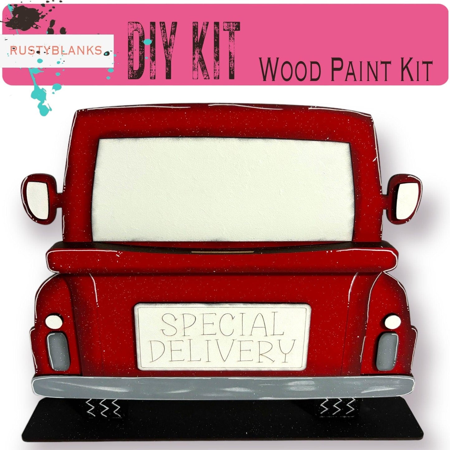 a red truck with a sign that says diy kit wood paint kit