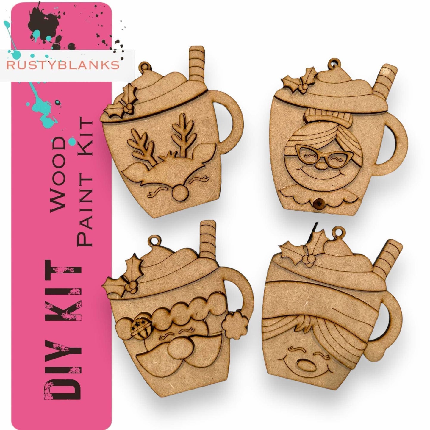 a set of four wooden cutouts of tea cups