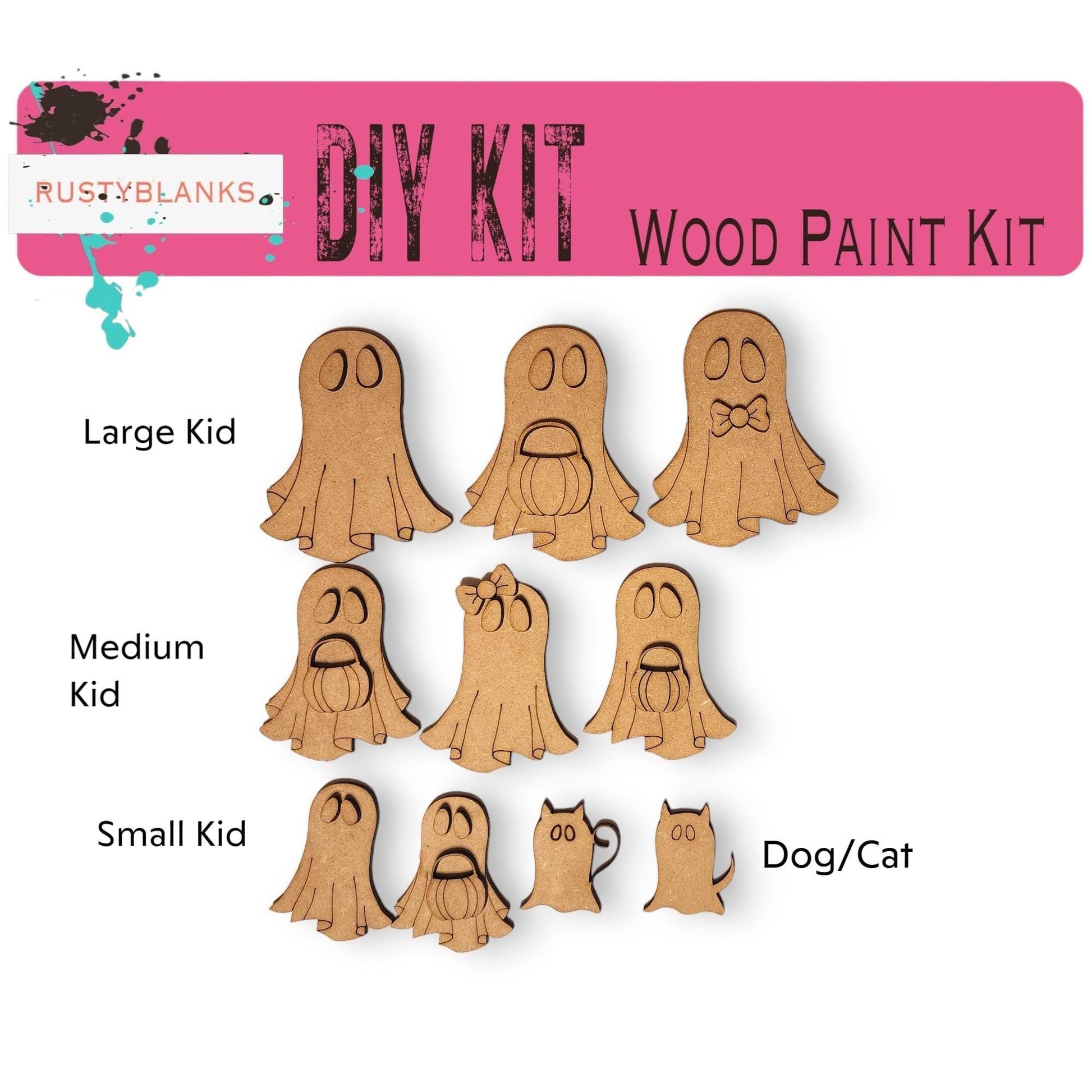 a group of wooden ghost cut outs on a white background