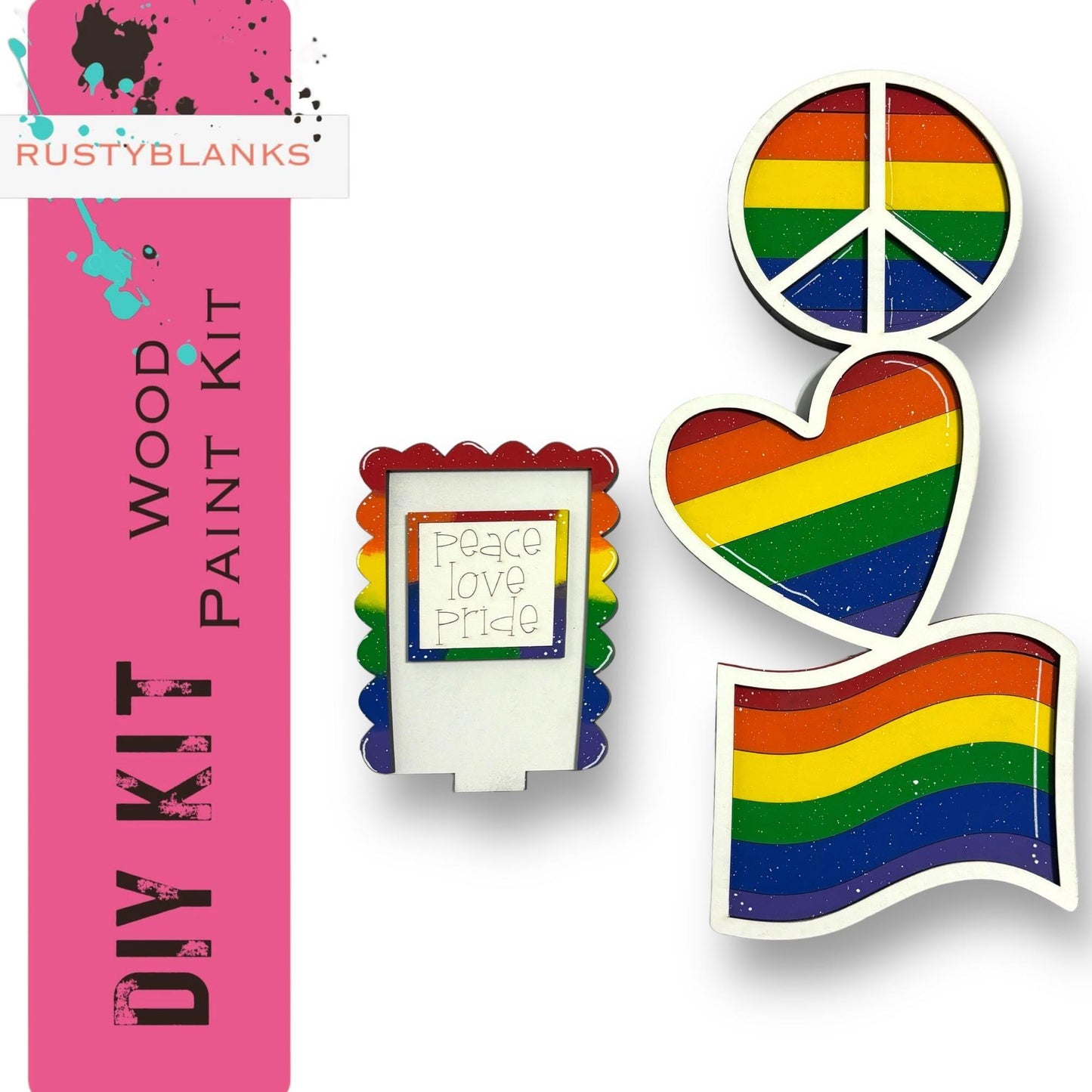 a pair of peace, love, and pride magnets