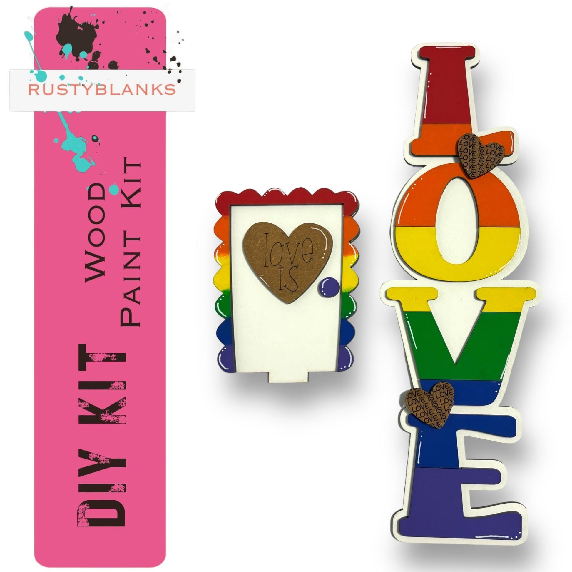 a pair of wooden magnets with the word love painted on them