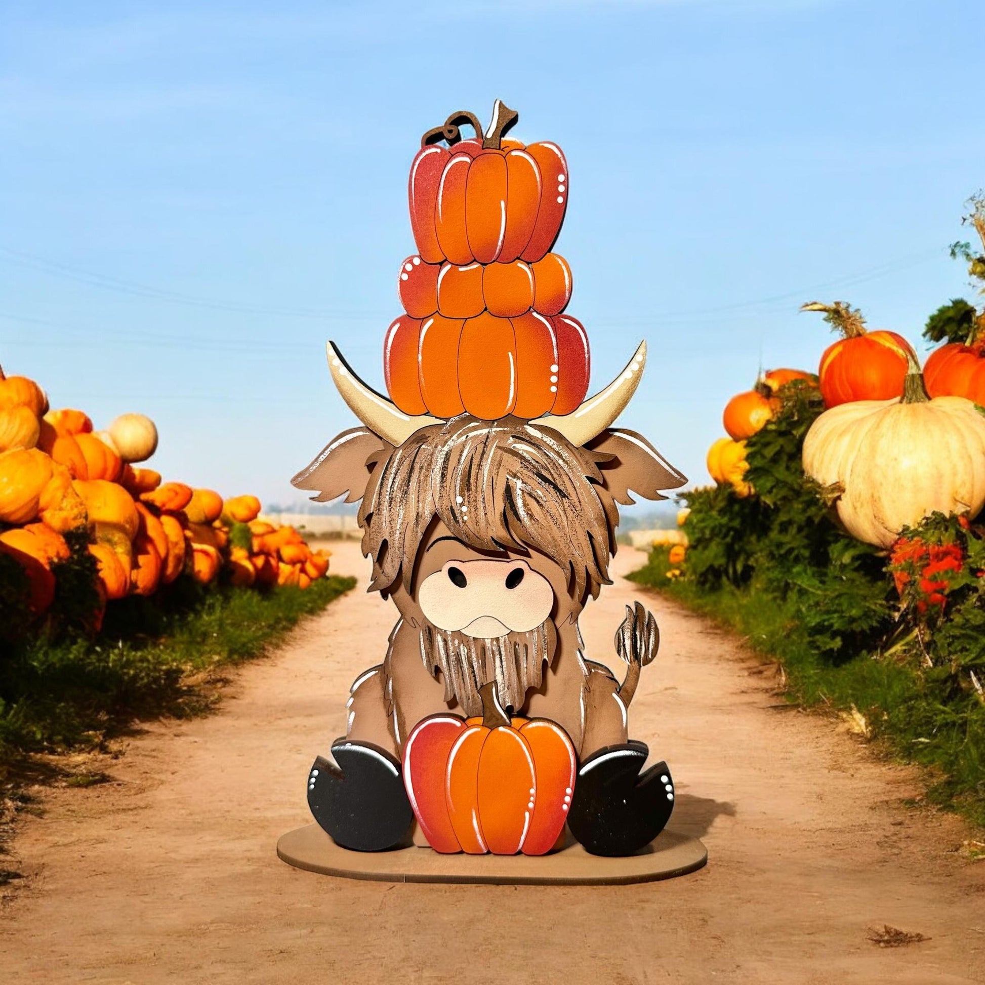 a sculpture of a cow sitting on top of a pile of pumpkins