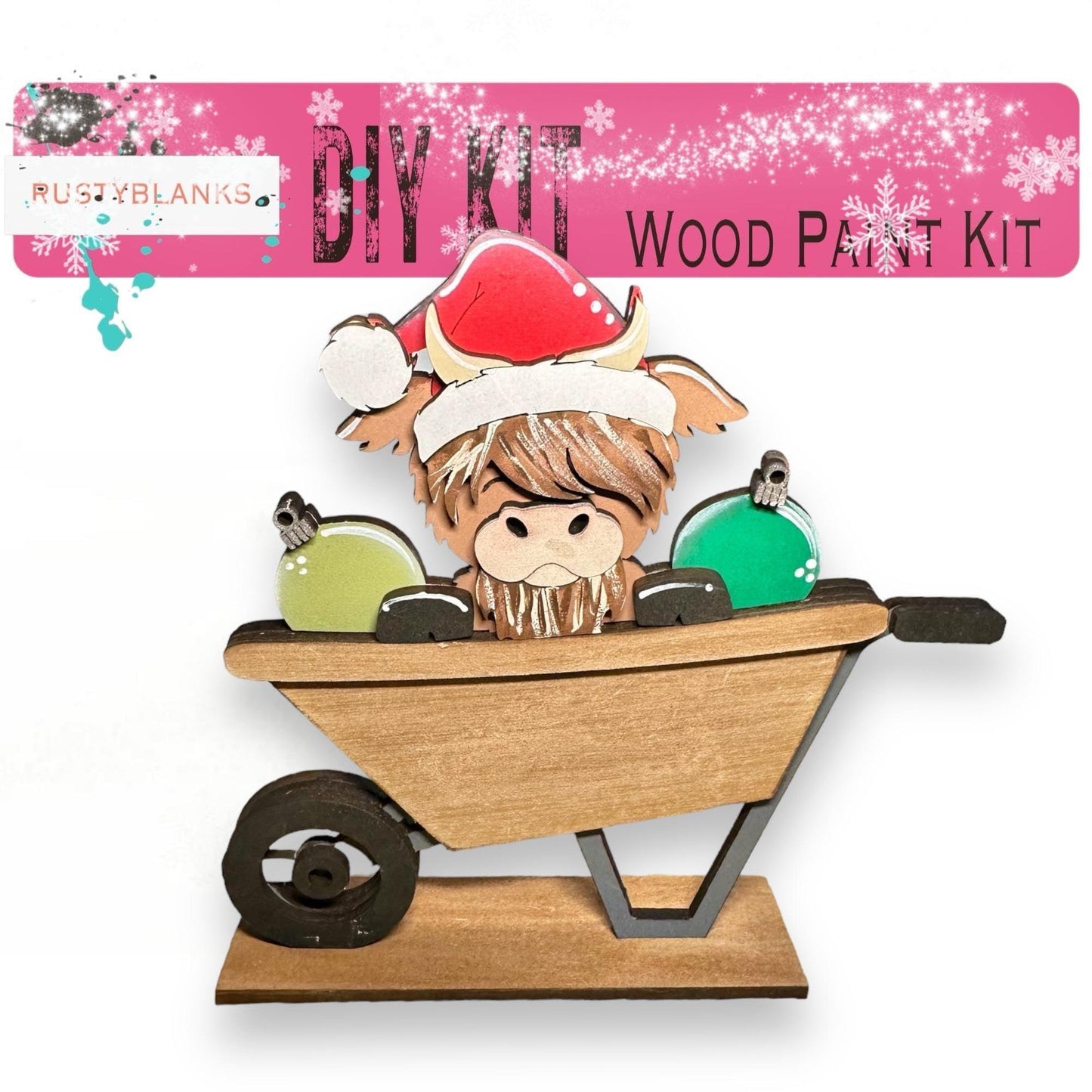 a wooden craft kit with a dog in a wheelbarrow