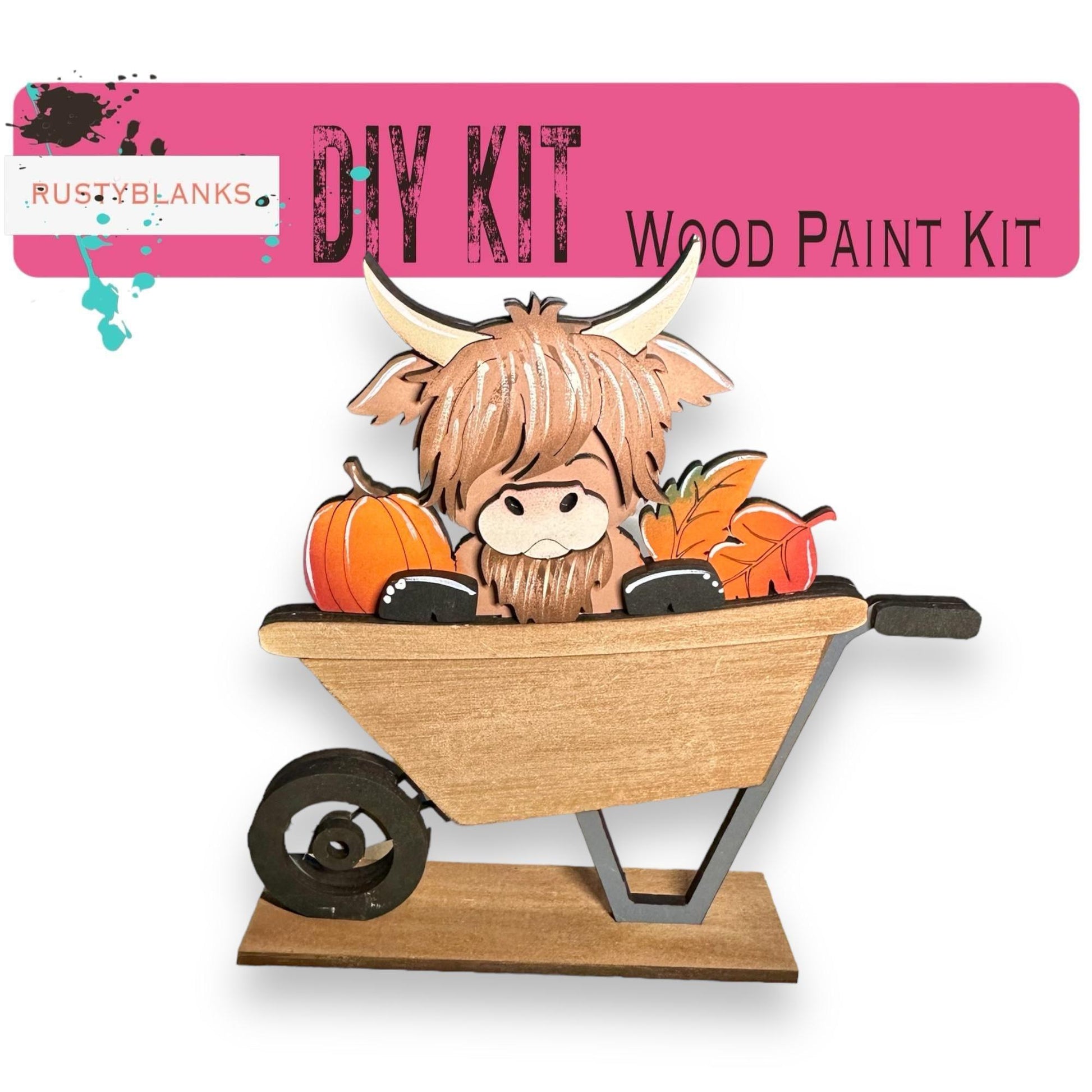 a wooden craft kit with a cow in a wheelbarrow