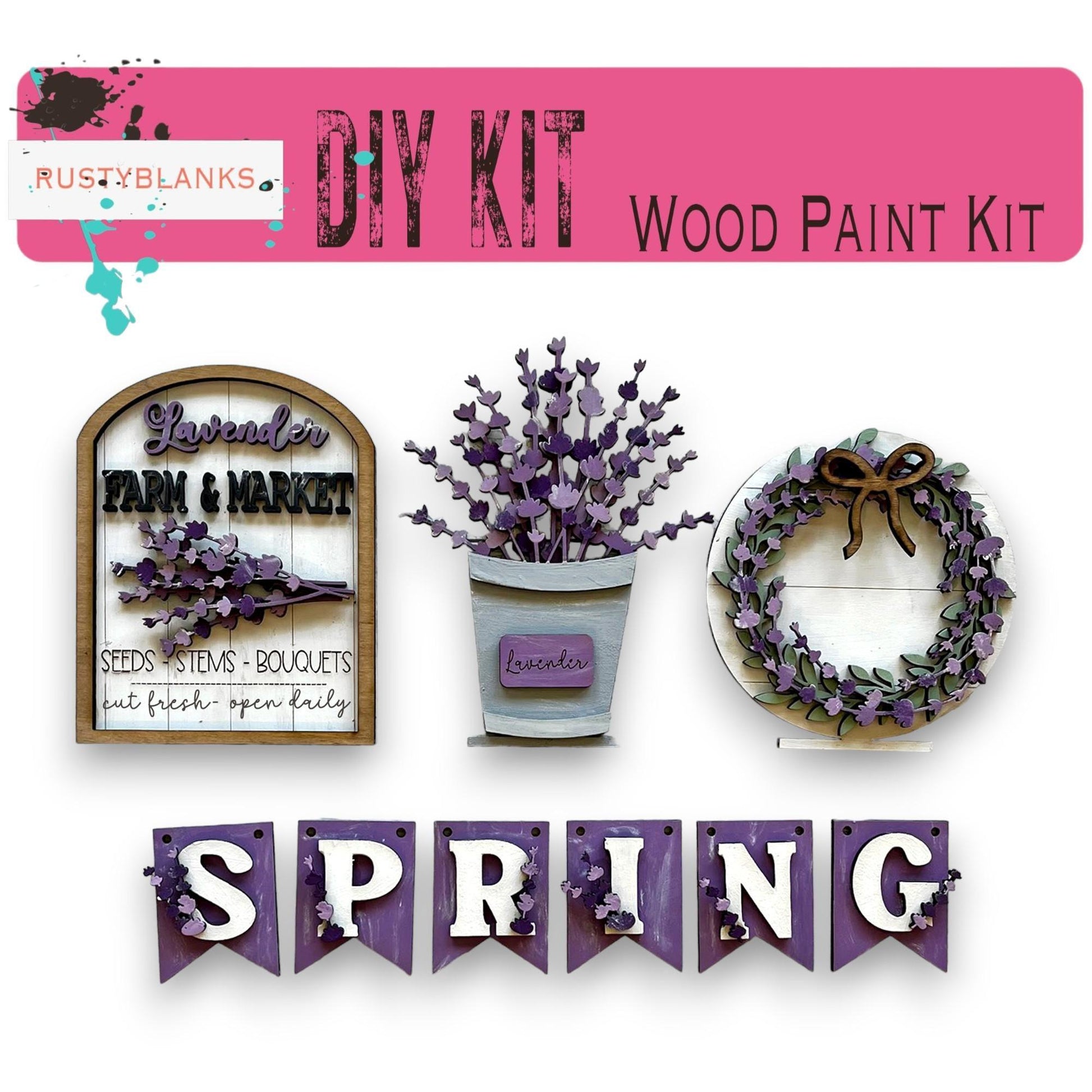 a picture of a flower pot and a sign that says wood paint kit spring