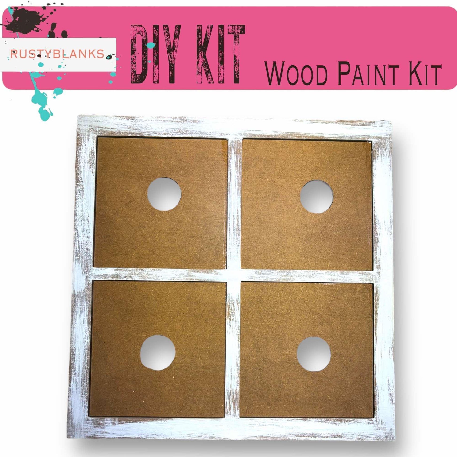 a picture of a wooden paint kit with four holes