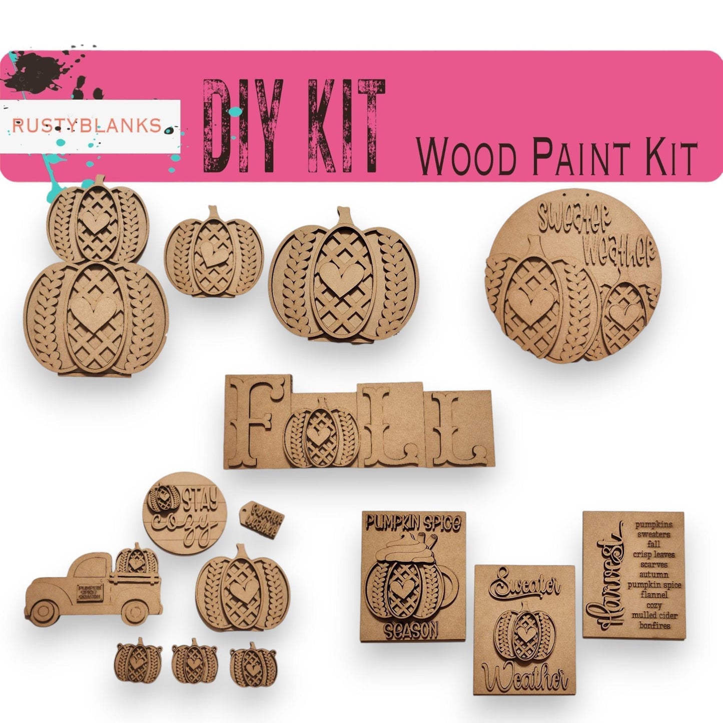 a group of wooden stamps that include pumpkins and a truck