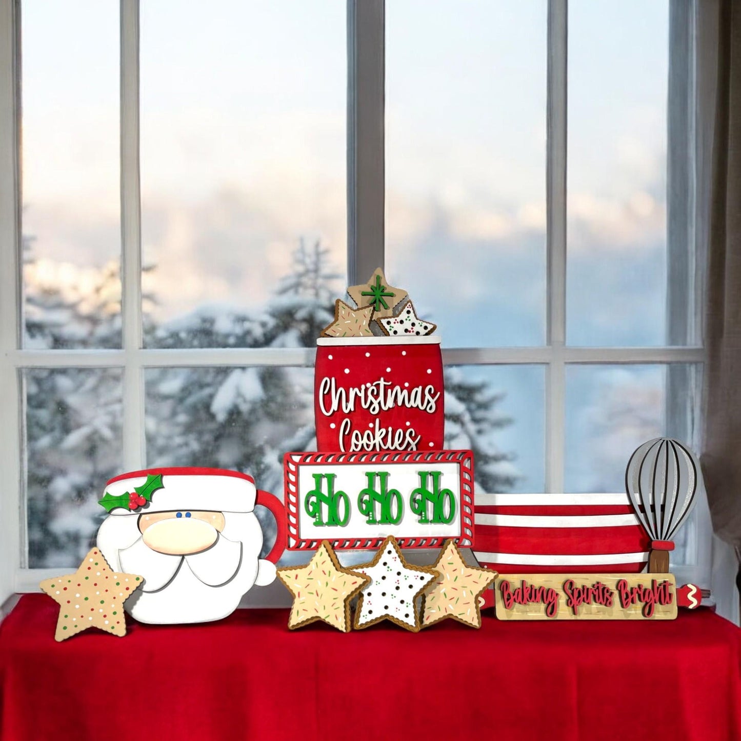 a red table topped with a cake covered in frosting