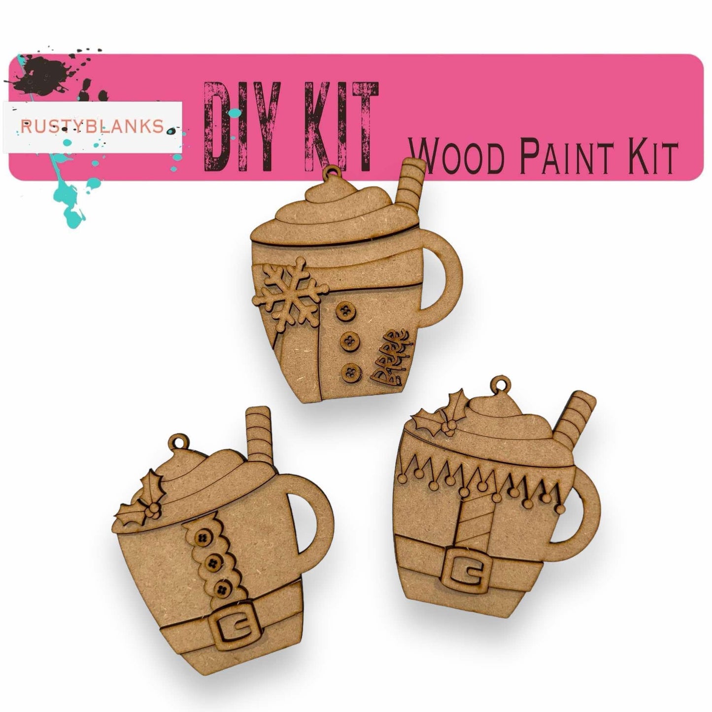 three wooden cutouts of teapots on a white background