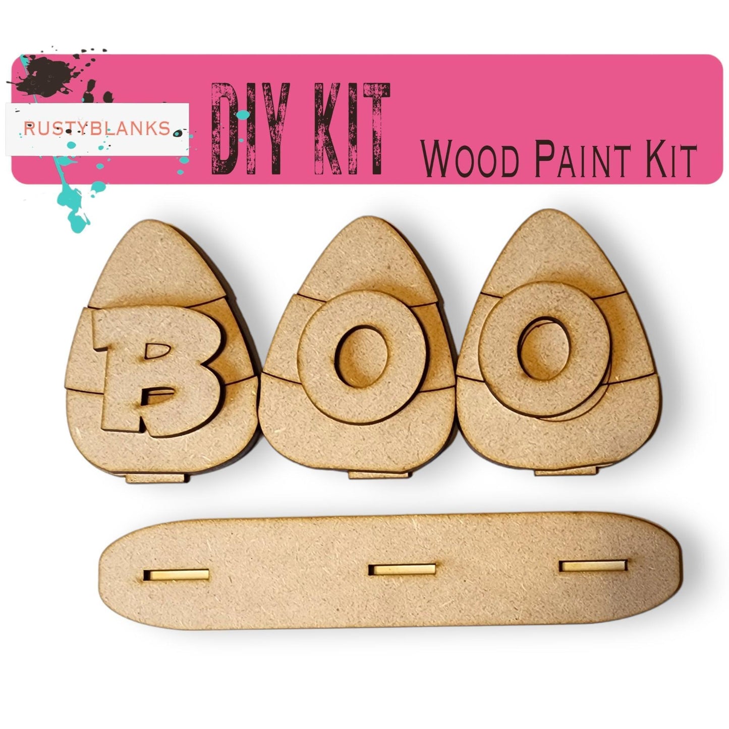 a wooden craft kit with the word boo on it