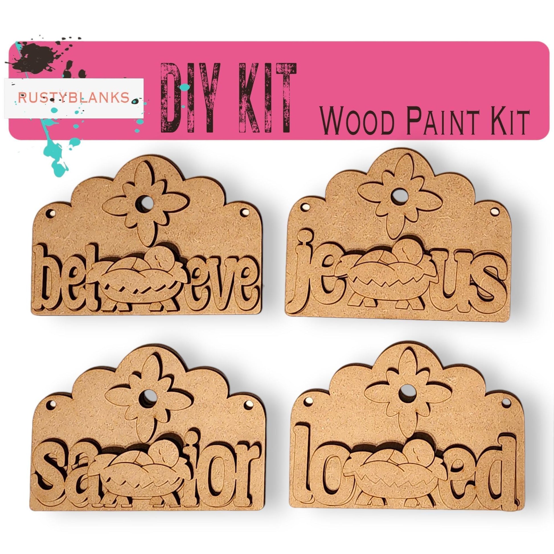 a set of four wooden tags with the word love on them