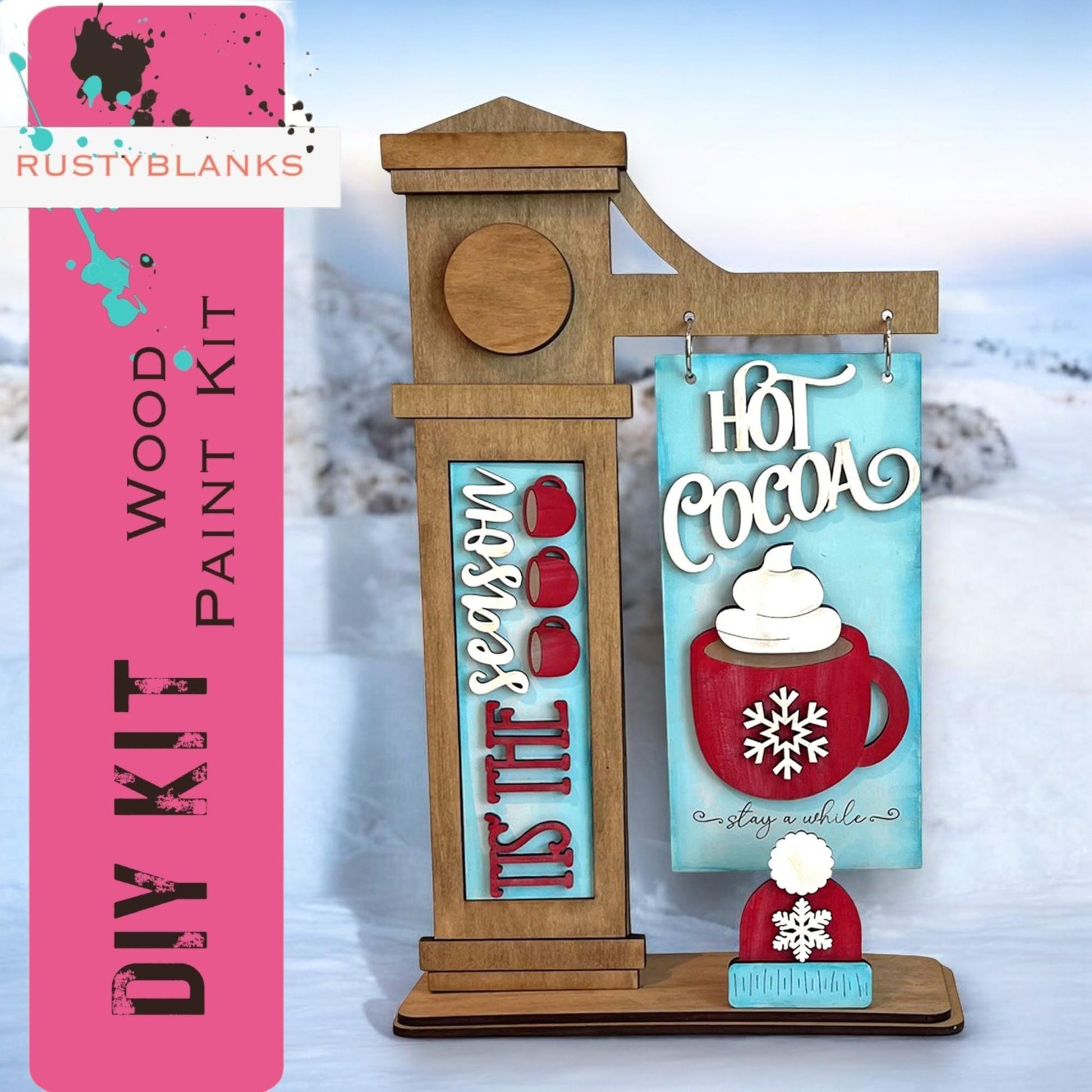 a wooden sign with a hot cocoa sign on it