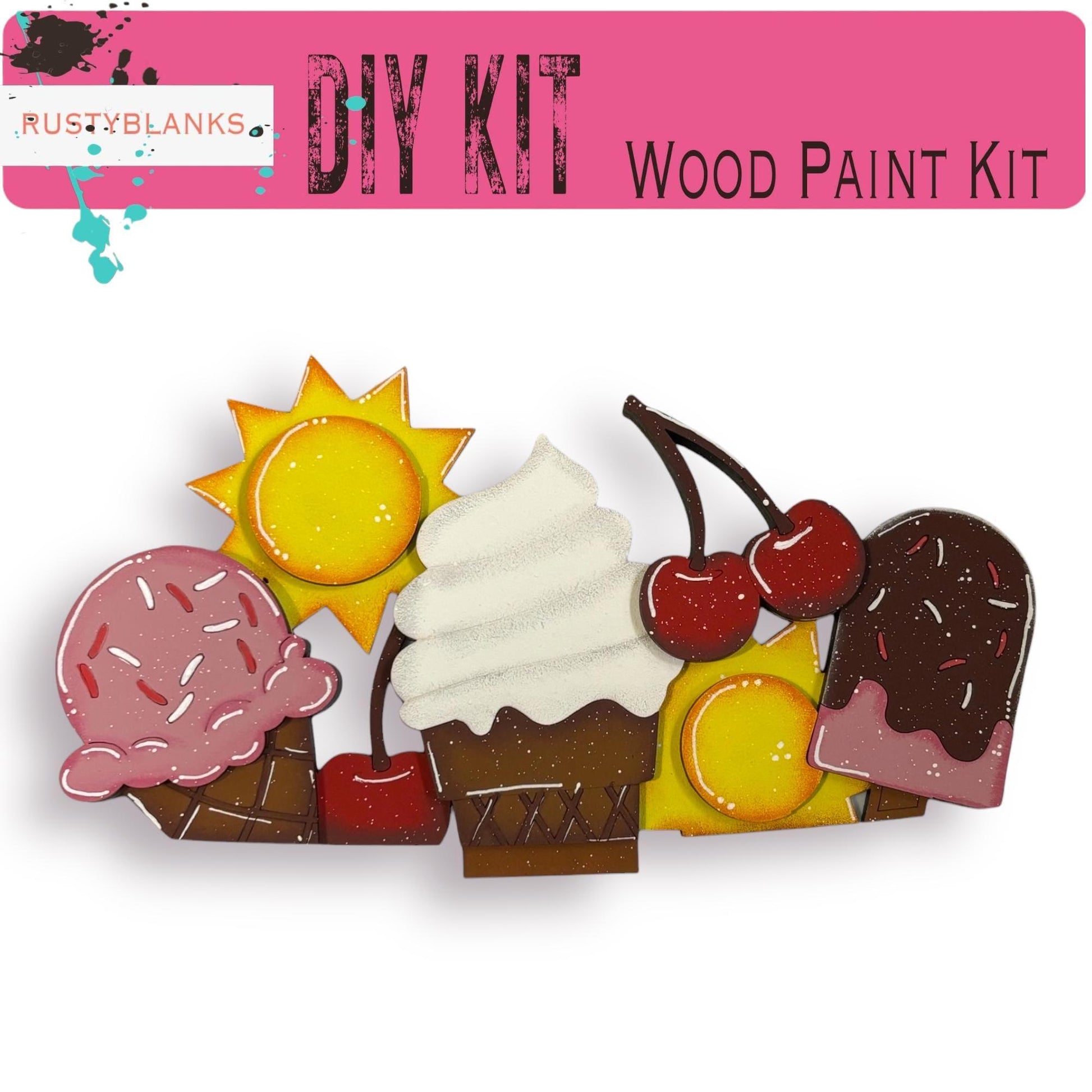 a picture of a wooden paint kit with ice cream, sunflowers, and