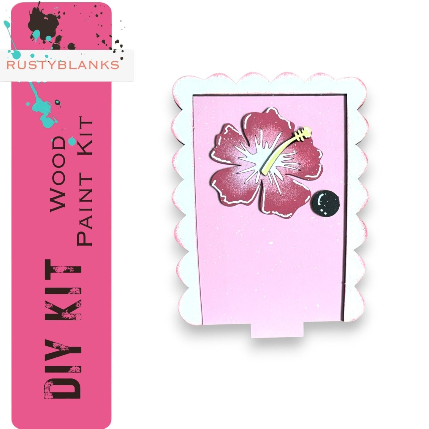 a pink card with a flower on it