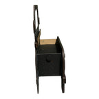 a small black cabinet with a wooden handle