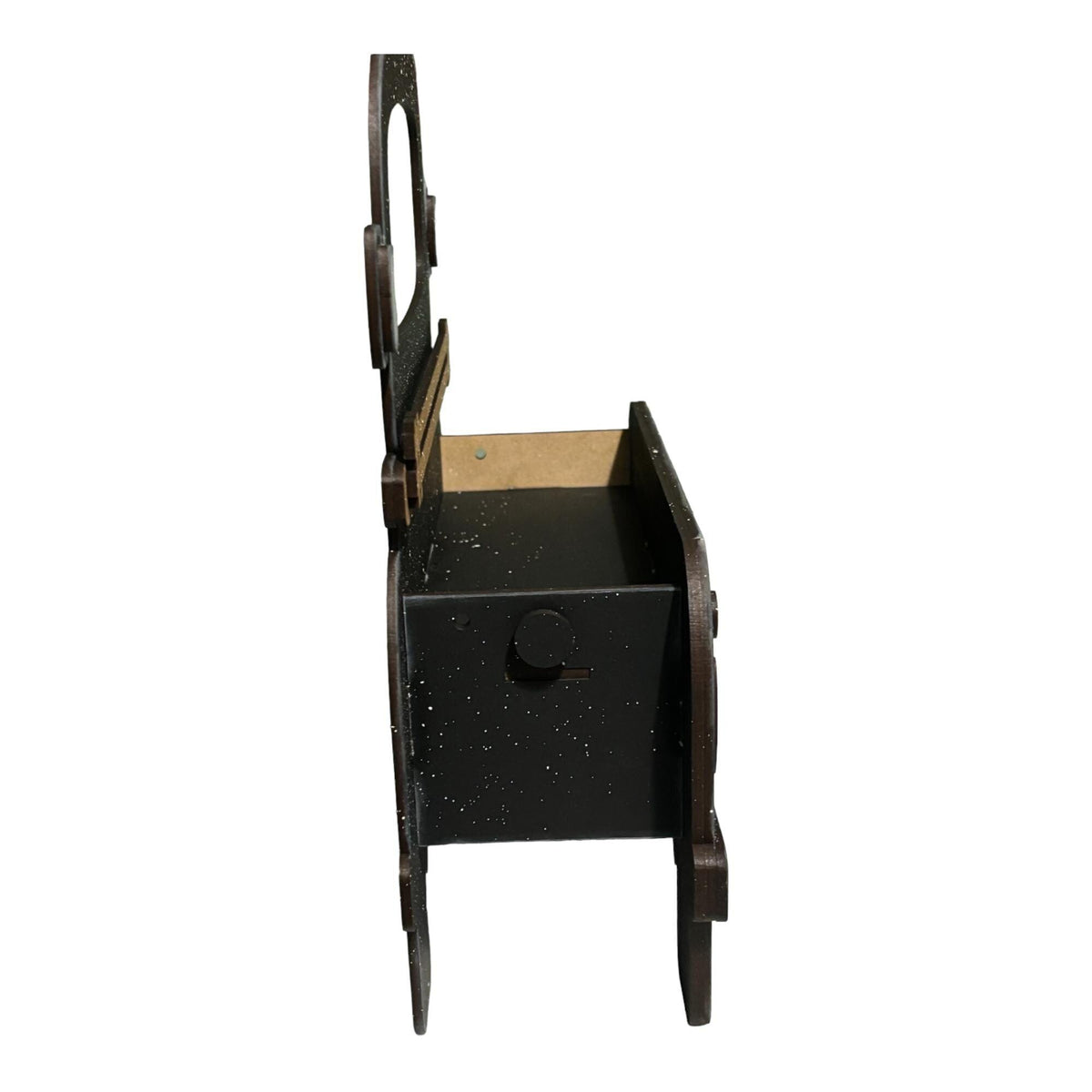 a small black cabinet with a wooden handle