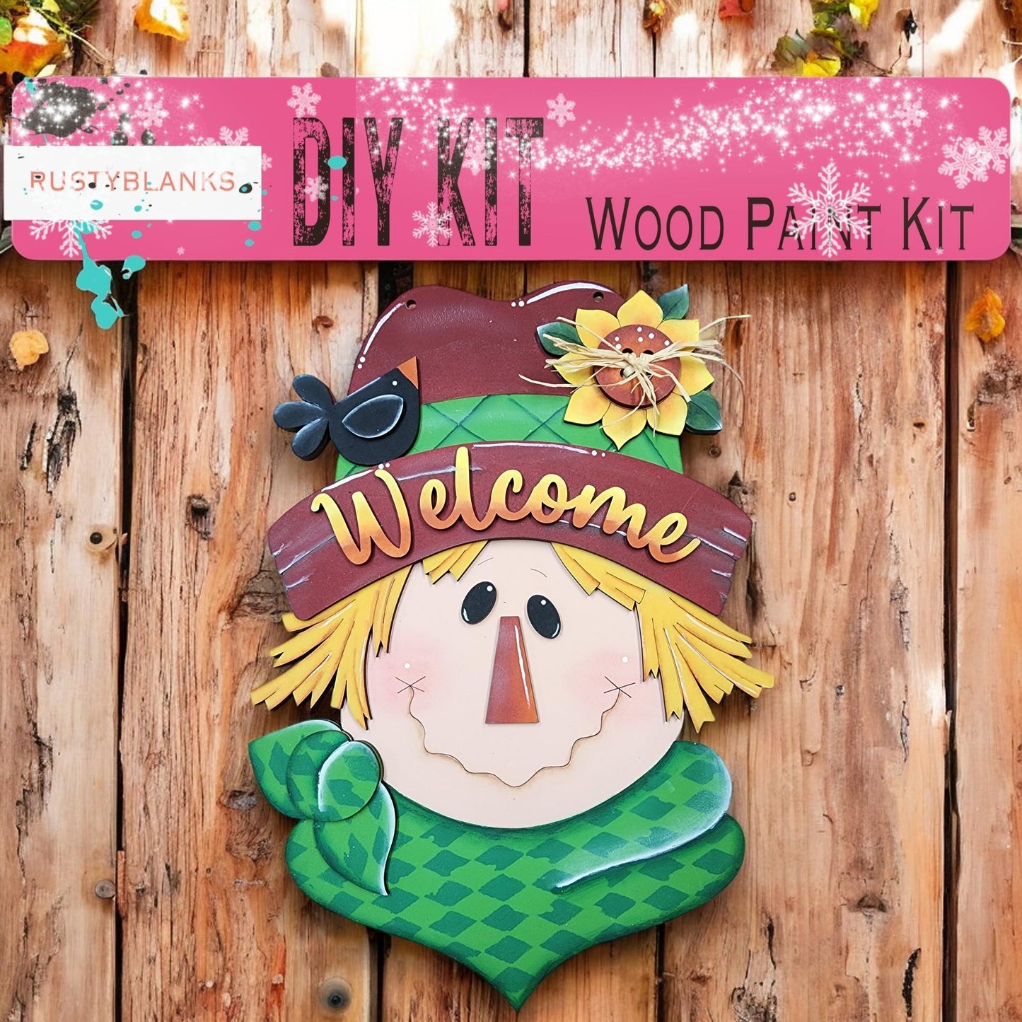 a wooden sign with a picture of a scarecrow on it