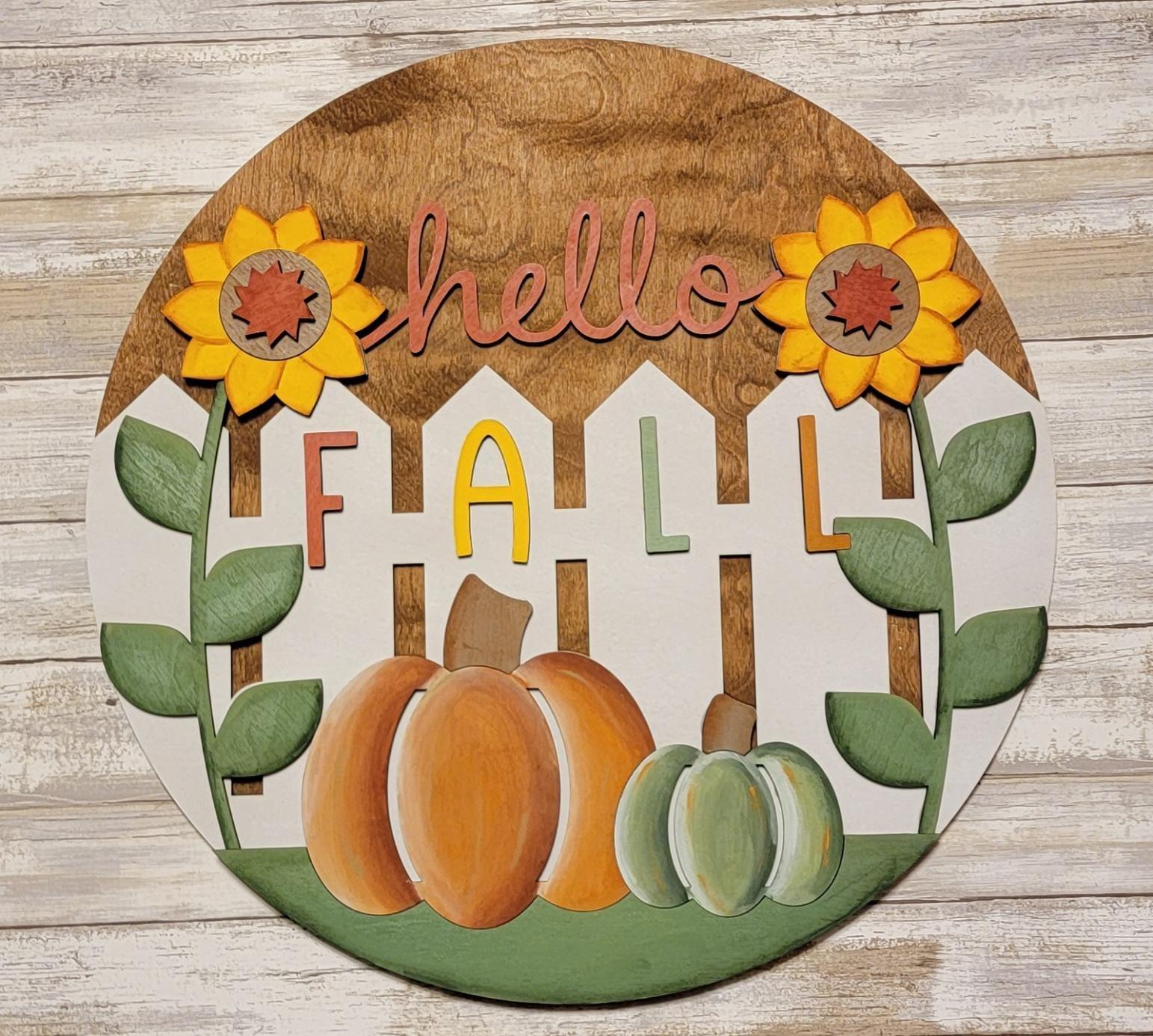 a picture of a fall sign with sunflowers and pumpkins