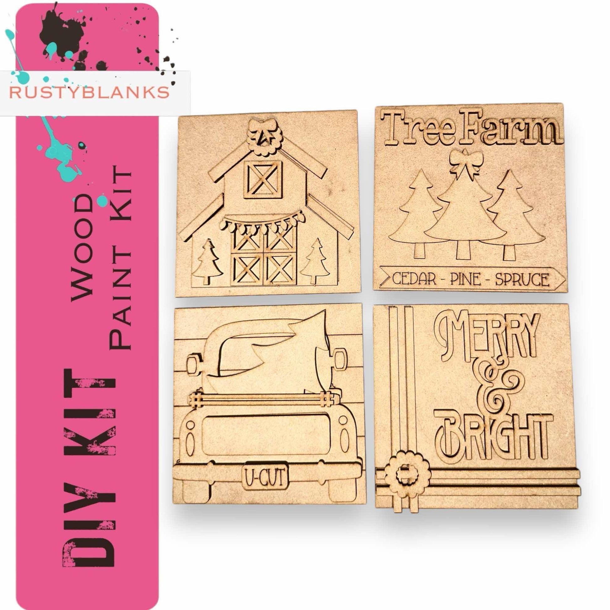 a set of four wooden stamps with a picture of a farm