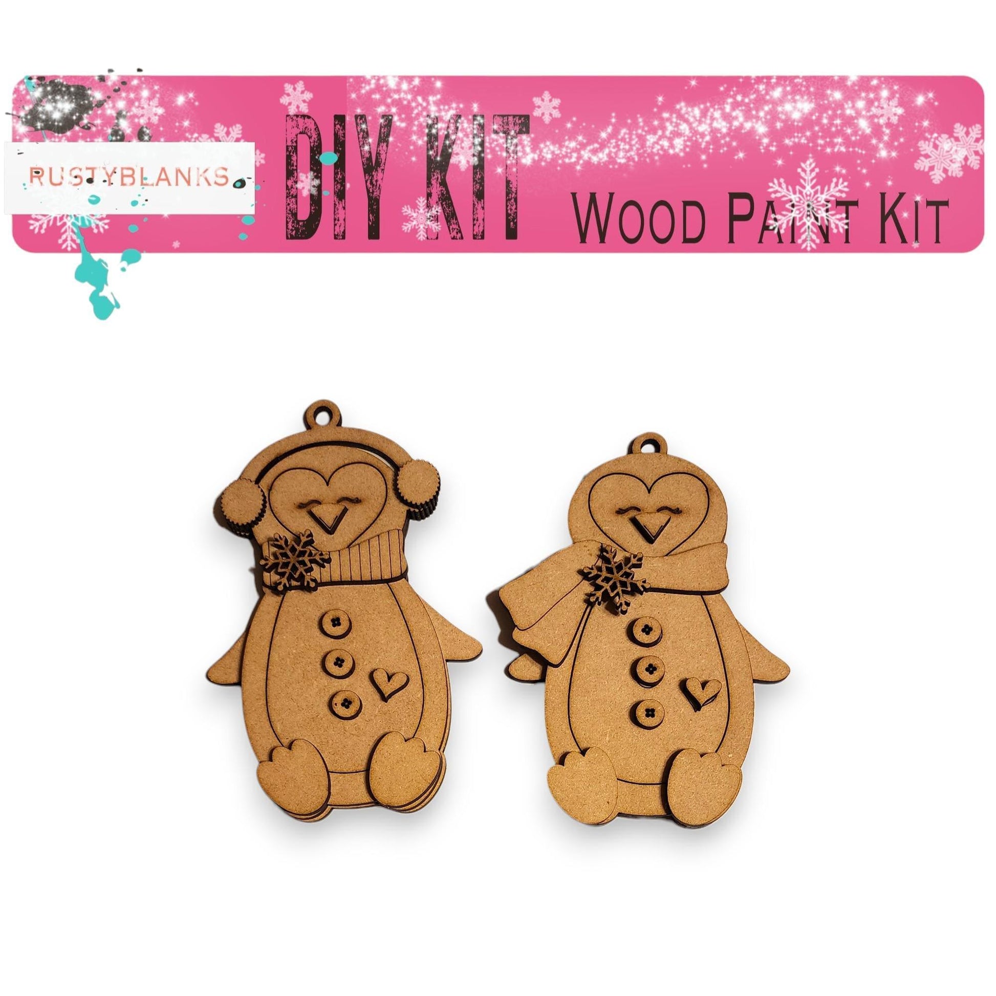 two wooden cutouts of a bear and a snowman