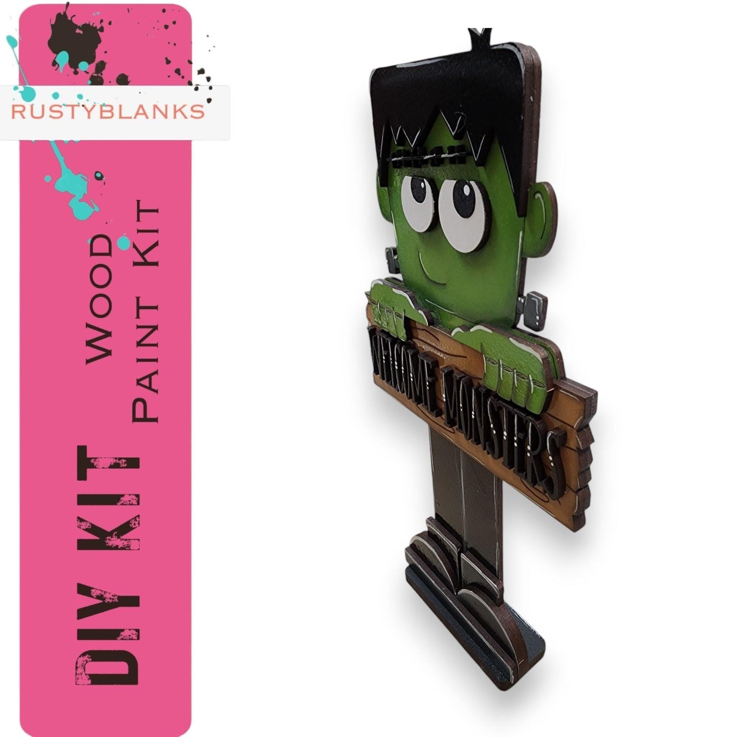 a wooden sculpture of a green zombie holding a piano