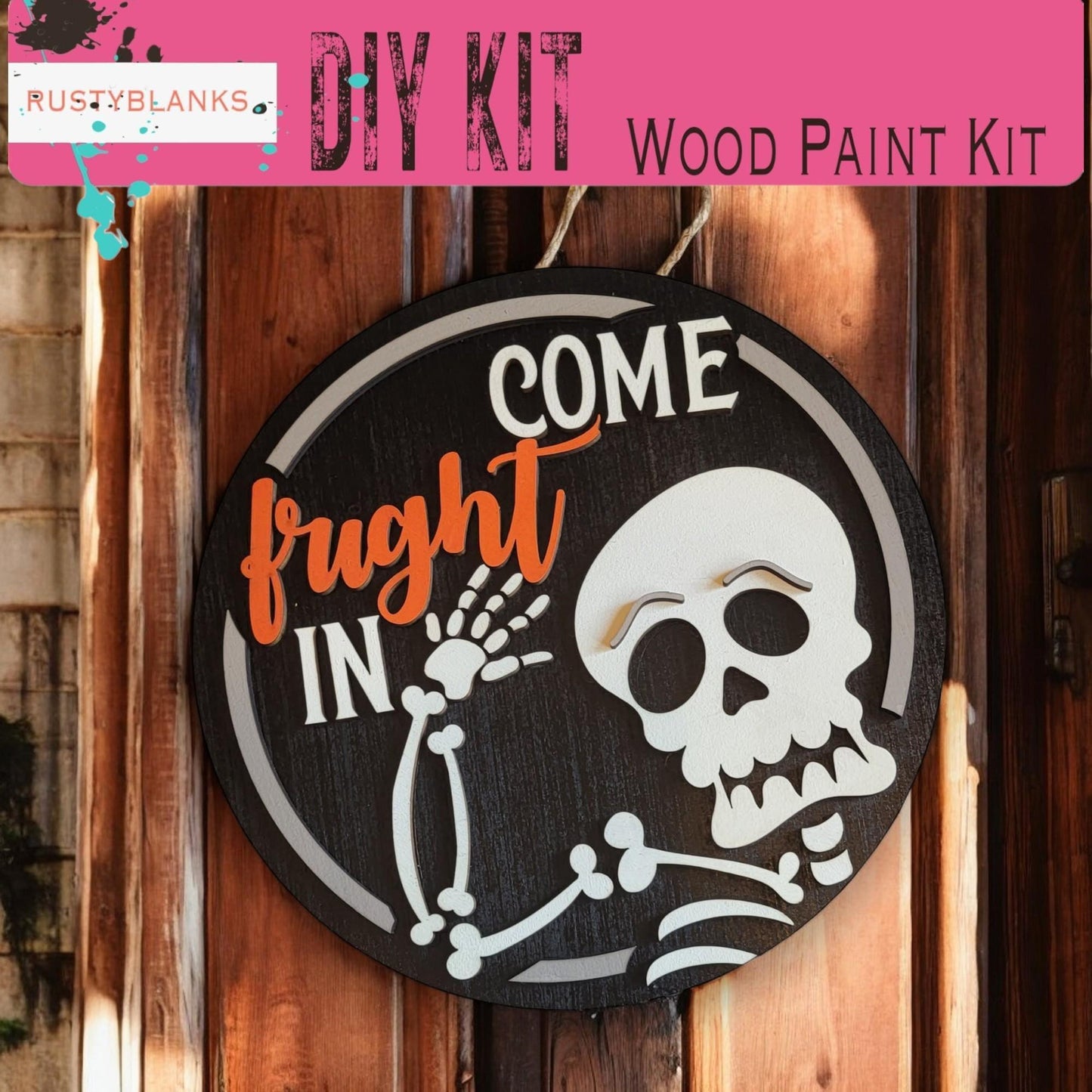 a wooden sign with a skeleton painted on it