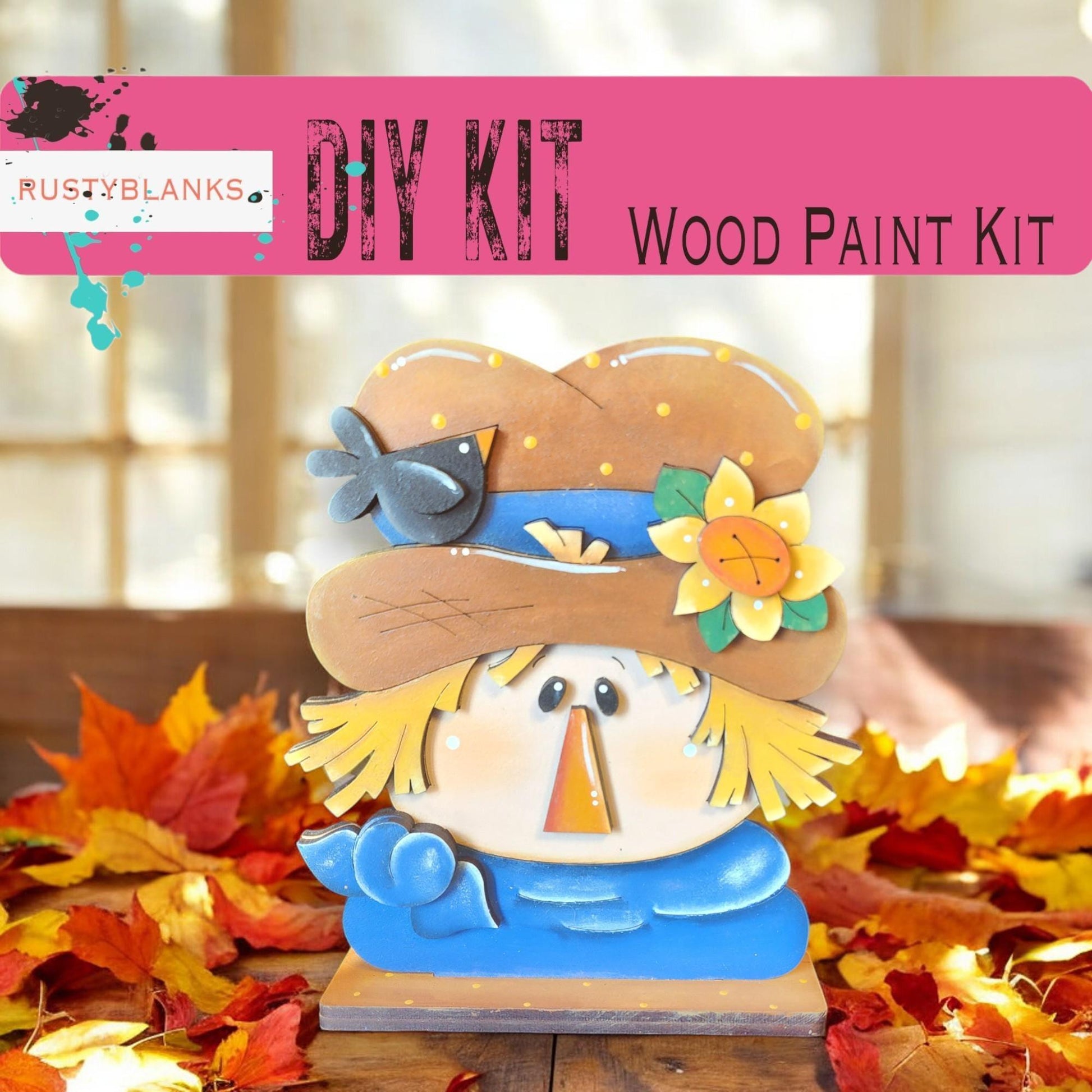 a wooden craft kit with a scarecrow wearing a hat