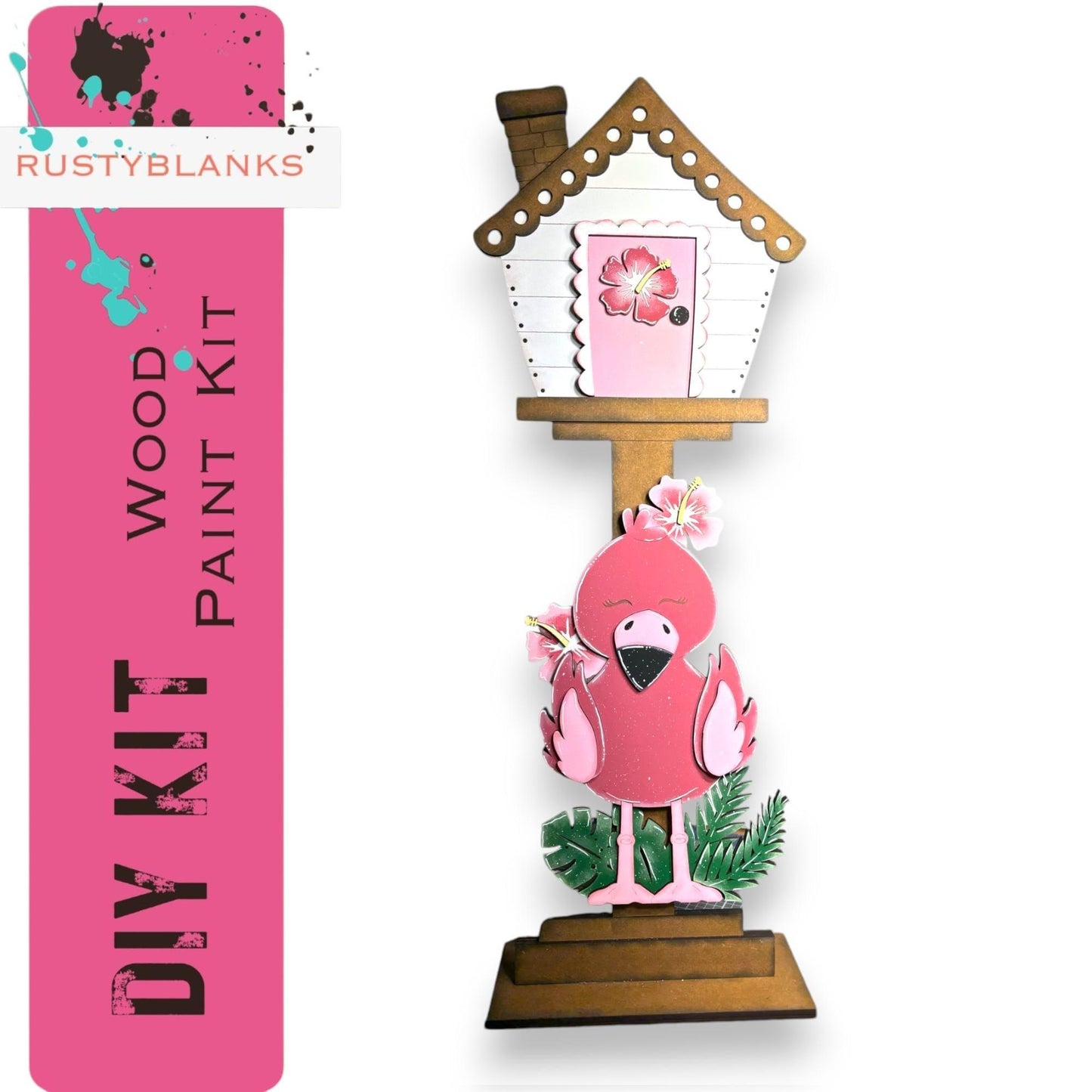 a pink flamingo standing on top of a wooden stand