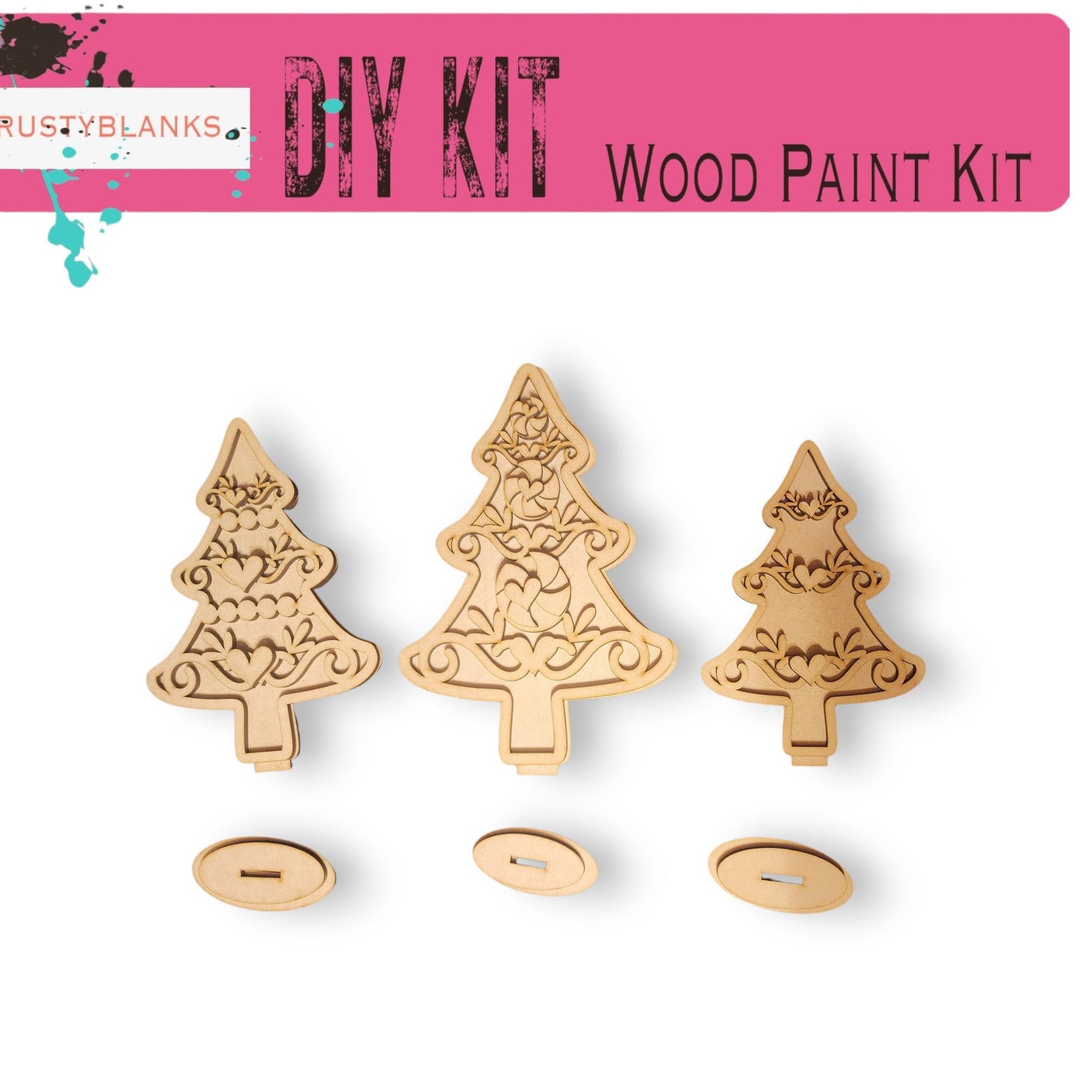 three wooden christmas trees are shown with buttons