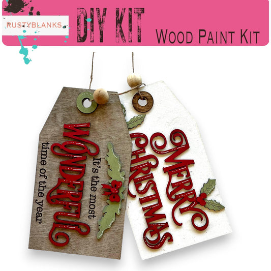 a pair of tags that say wood paint kit