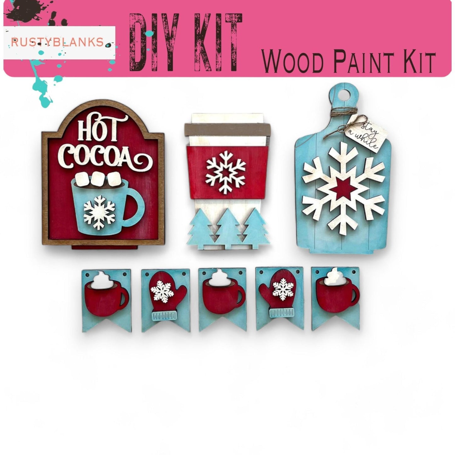 a picture of a wood craft kit with snowflakes and hot cocoa