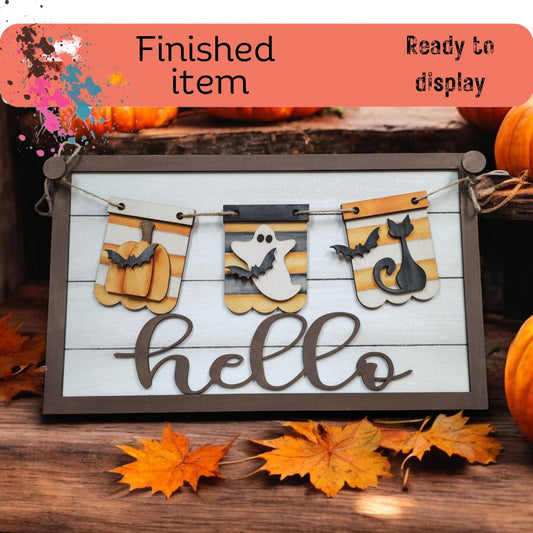 a picture of a wooden sign that says finished item hello