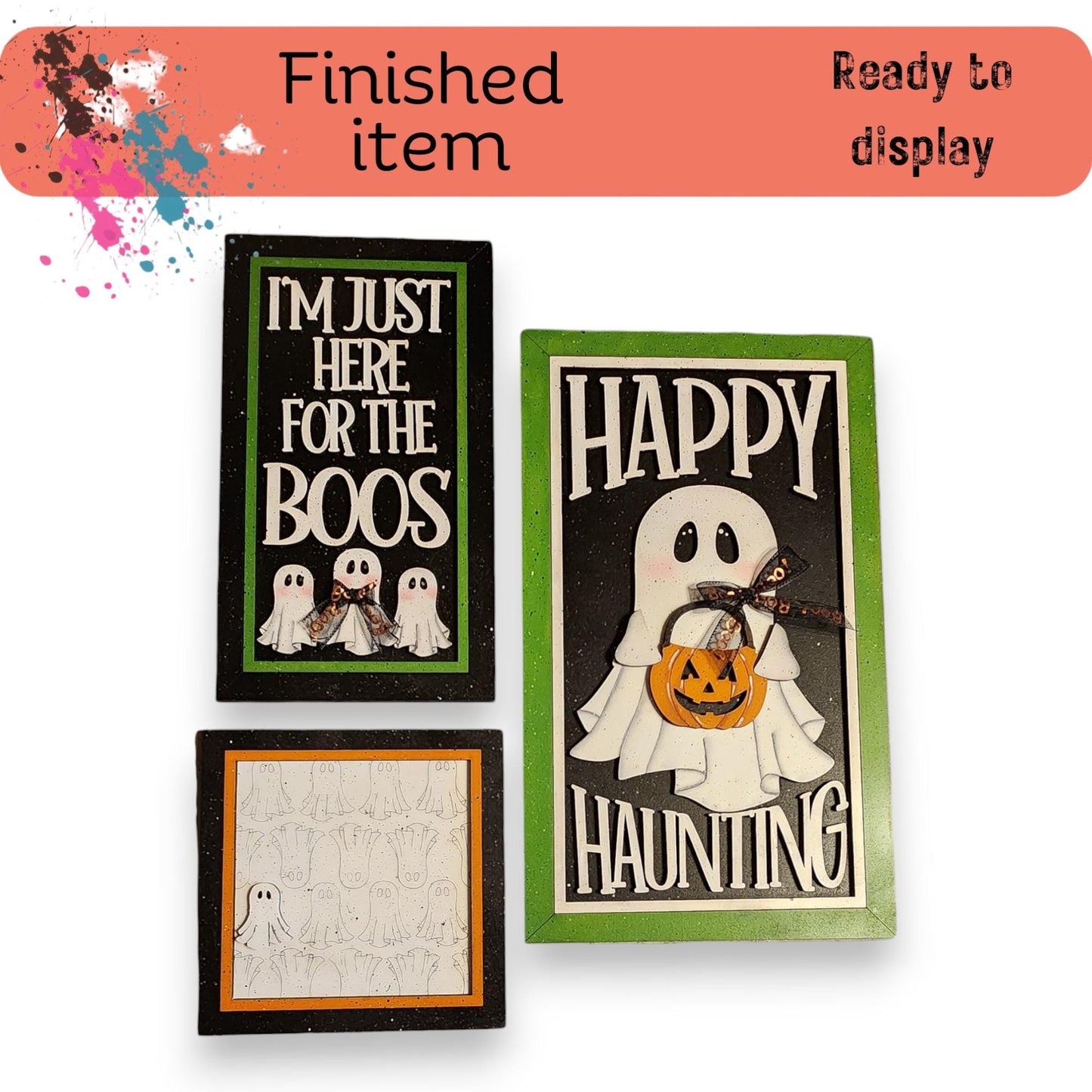 three halloween cards with a ghost and a ghost holding a pumpkin