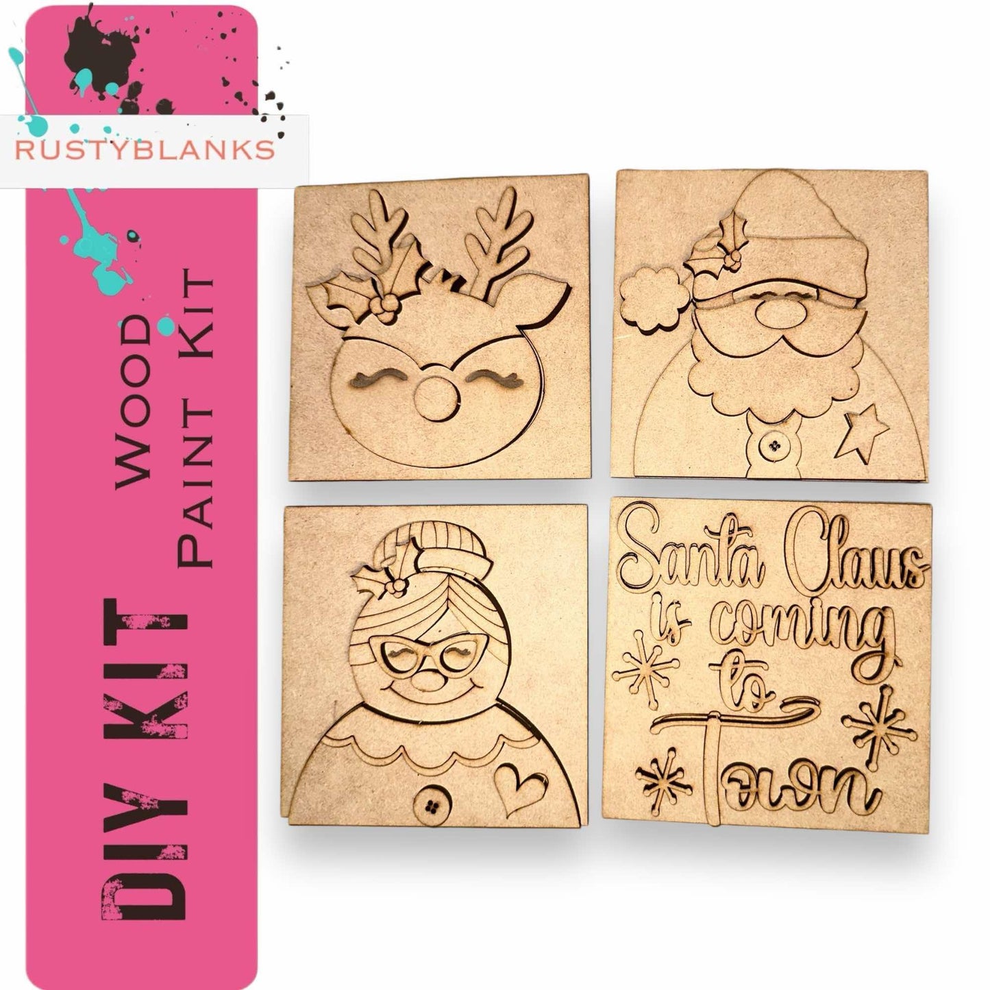 a set of four wooden stamps with santa claus and snowman