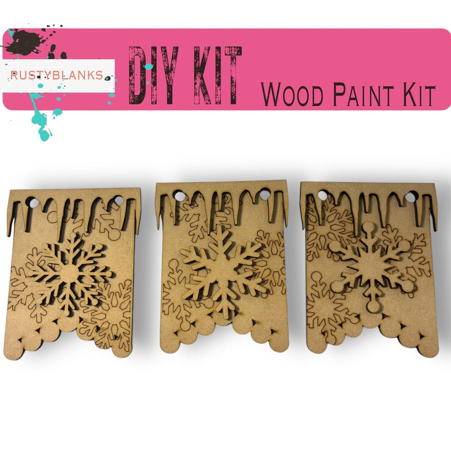 a set of three wooden paint kits with a snowflake design