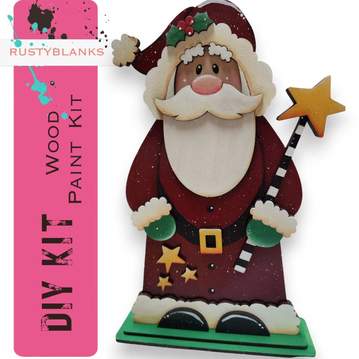 a santa clause figurine holding a star