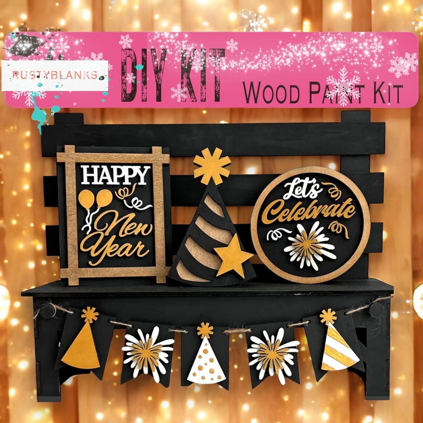 a wooden party kit with decorations on a shelf