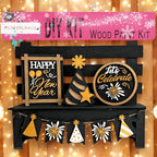 a wooden party kit with decorations on a shelf