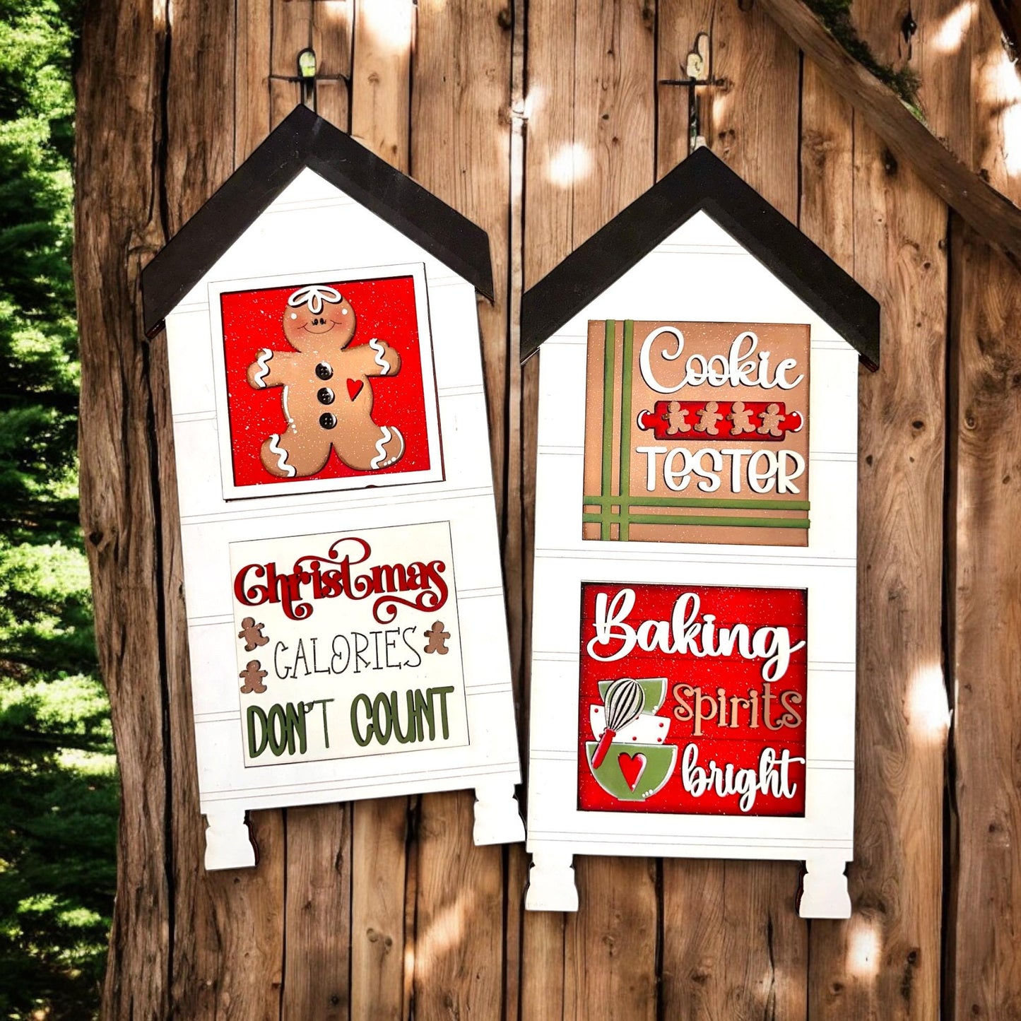 a couple of signs hanging from the side of a wooden building