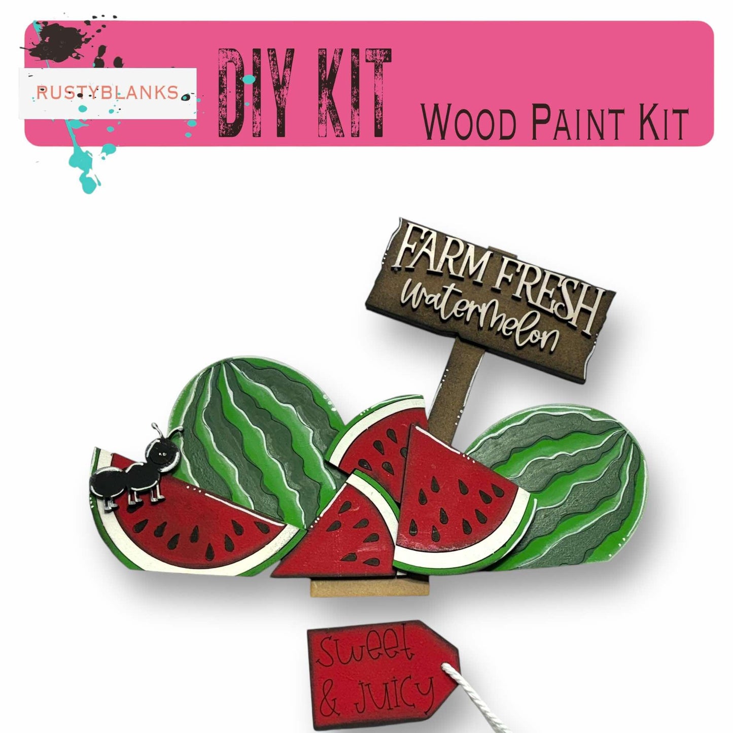 a picture of a watermelon patch with a sign that says wood paint kit