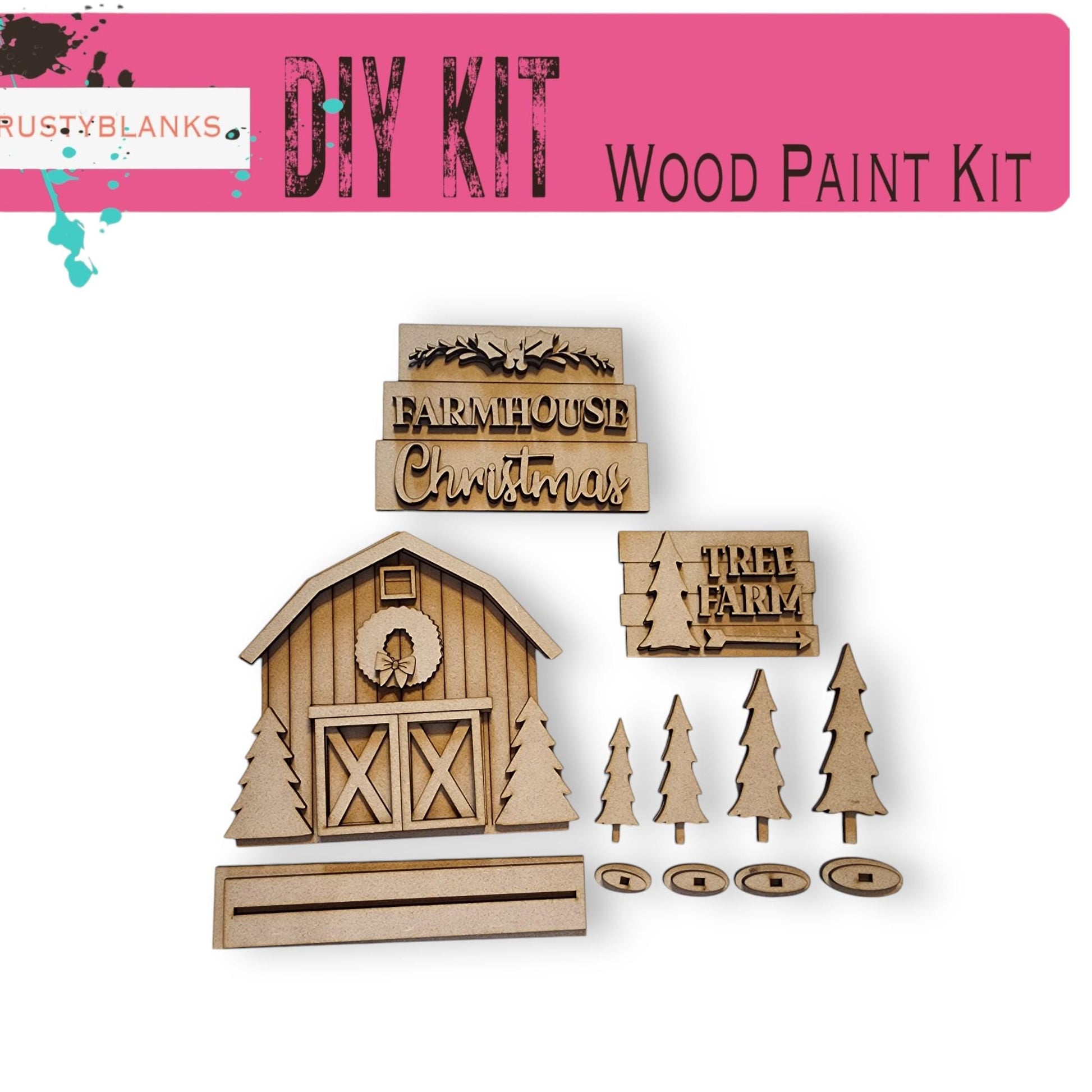 a wooden kit with a barn and trees